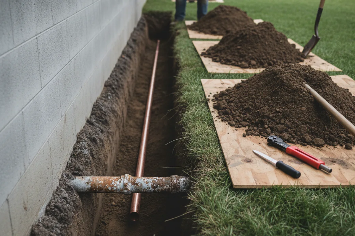 Excavated water line trench during Water Heater Repair in Edgewater